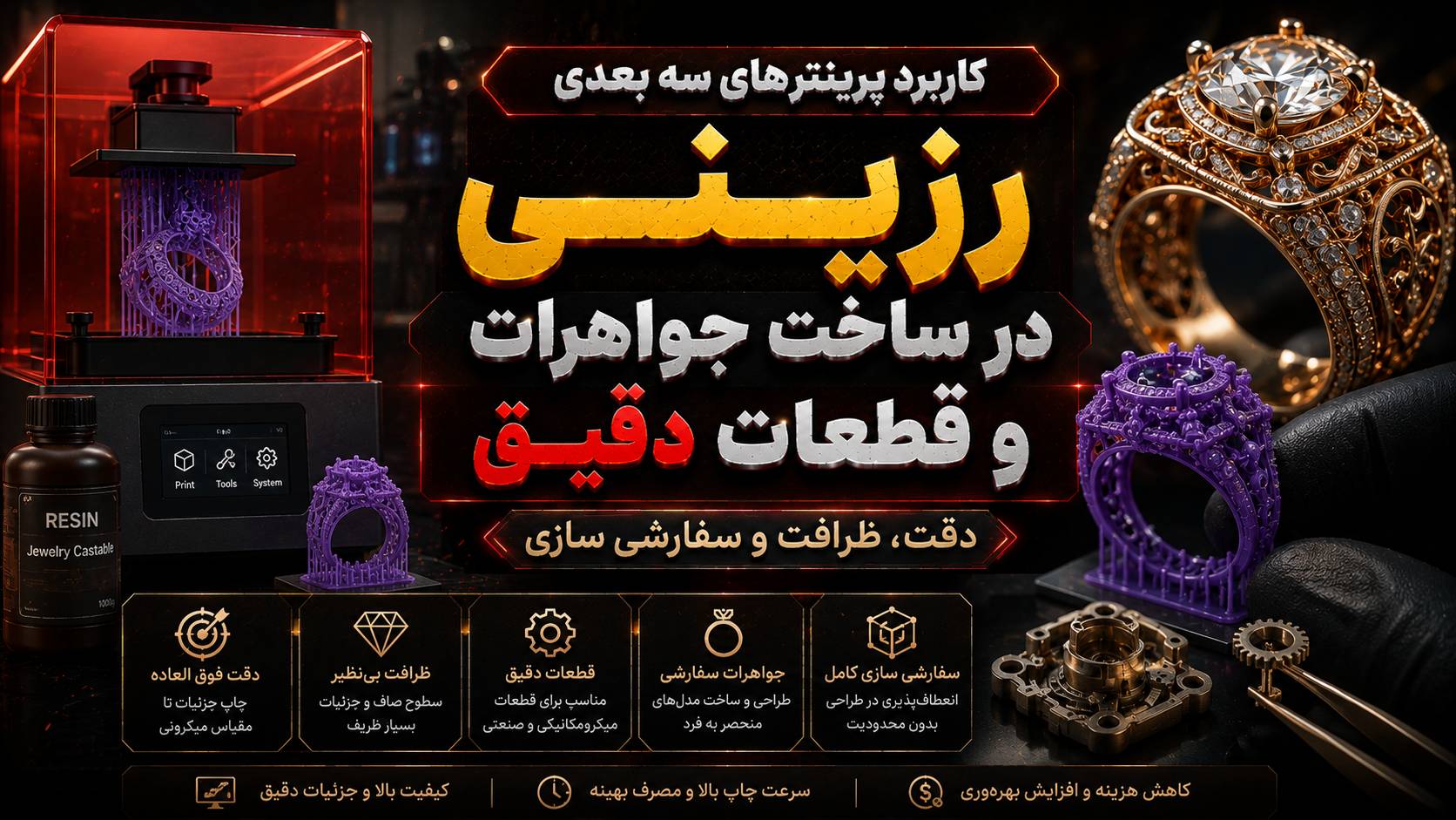 کاربرد پرینترهای سه بعدی رزینی در ساخت جواهرات و قطعات دقیق: دقت، ظرافت و سفارشی‌سازی