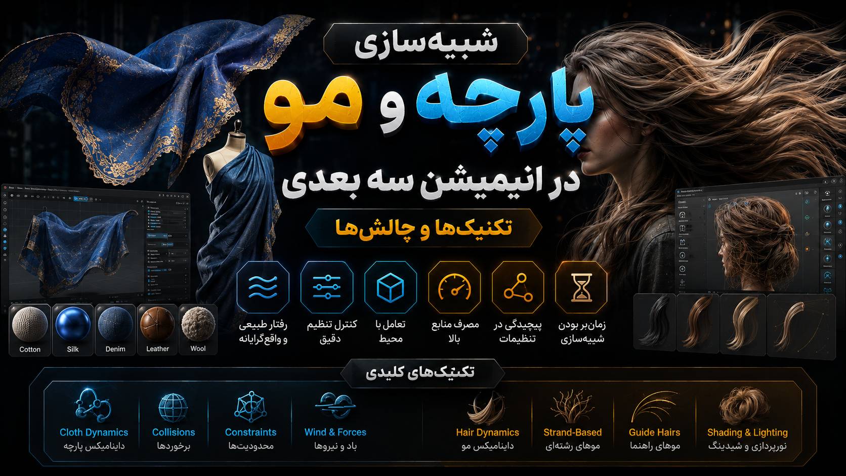 شبیه‌سازی پارچه و مو در انیمیشن سه‌بعدی: تکنیک‌ها و چالش‌ها